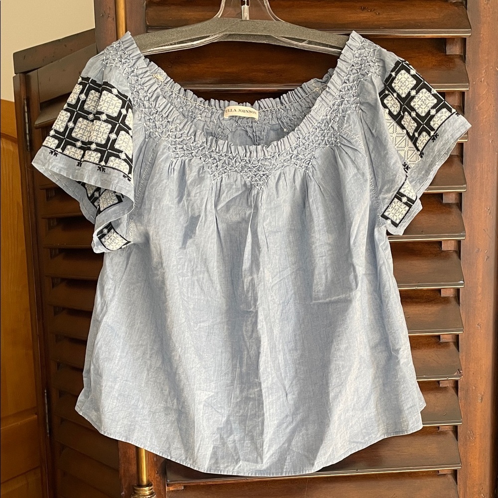 Ulla Johnson Denim Blouse with Embroidery Marked 2 Fits Medium